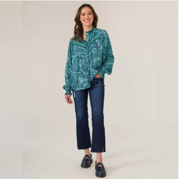 Democracy Paisley Print Blue Long Sleeve Smocked Blouse, Large - Picture 2 of 11